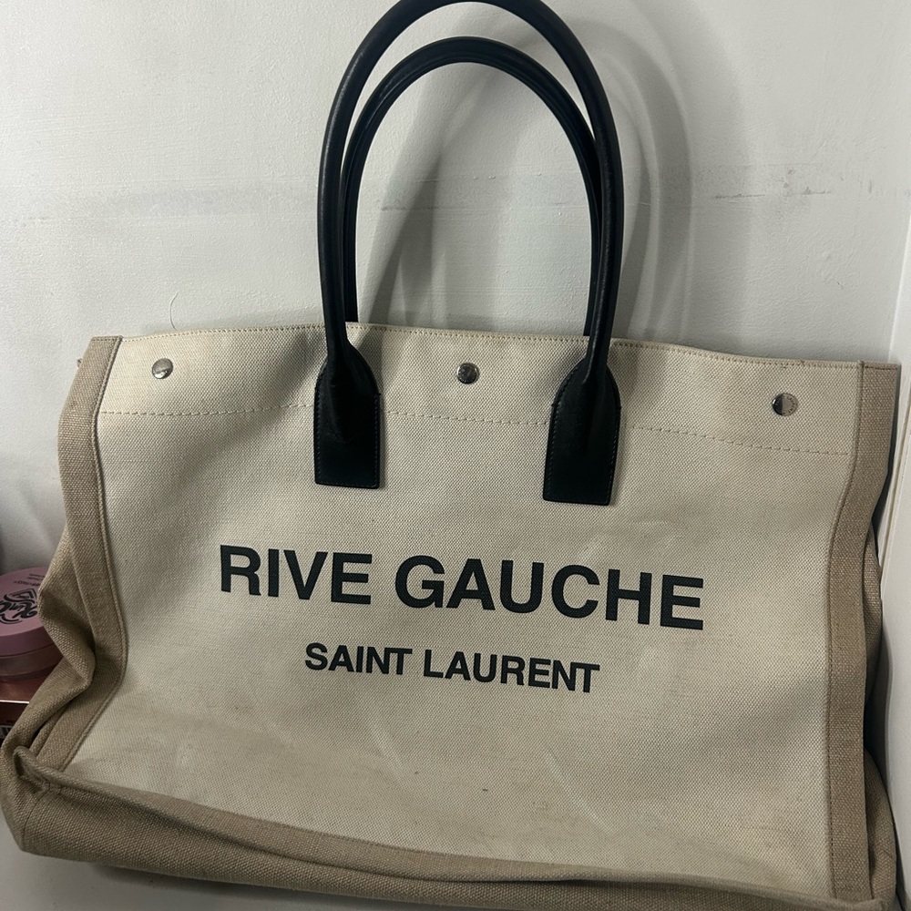 Saint Laurent Rive Gauche Canvas Bag in Cream and Black